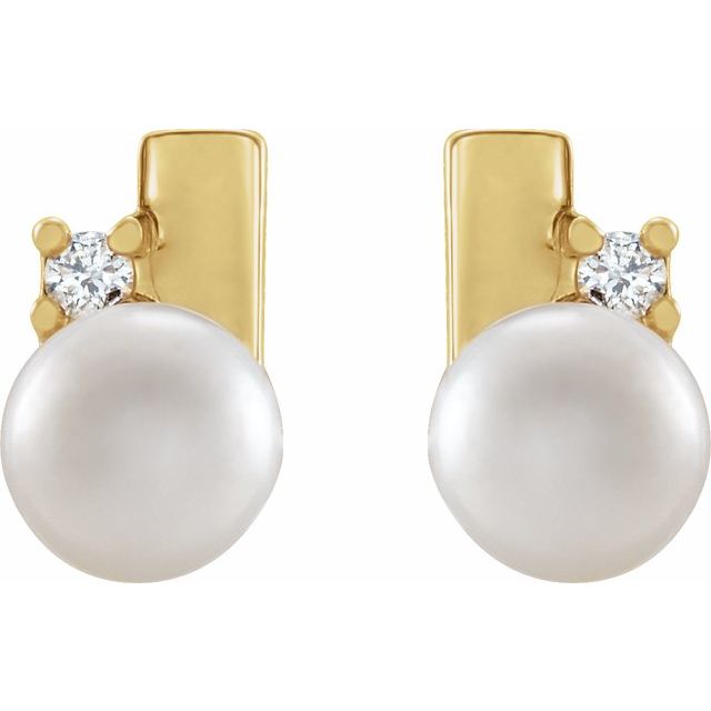 14K Yellow Cultured White Akoya Pearl & .03 CTW Natural Diamond Geometric Earrings