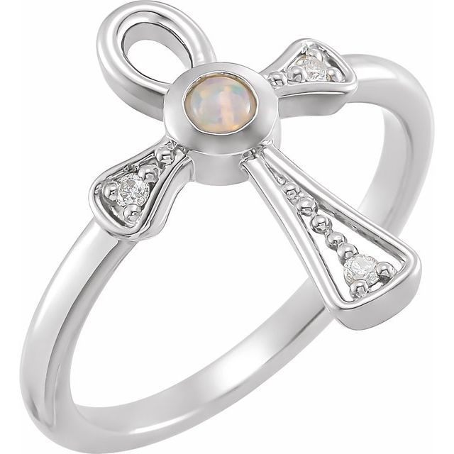 Sterling Silver Natural White Ethiopian Opal & .05 CTW Natural Diamond Ankh Cross Ring