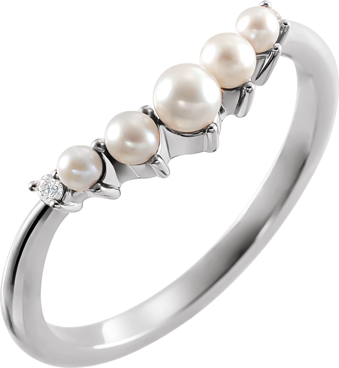 Cultured White Seed Pearl And .03 CTW Natural Diamond Contour Band – 14K White Gold