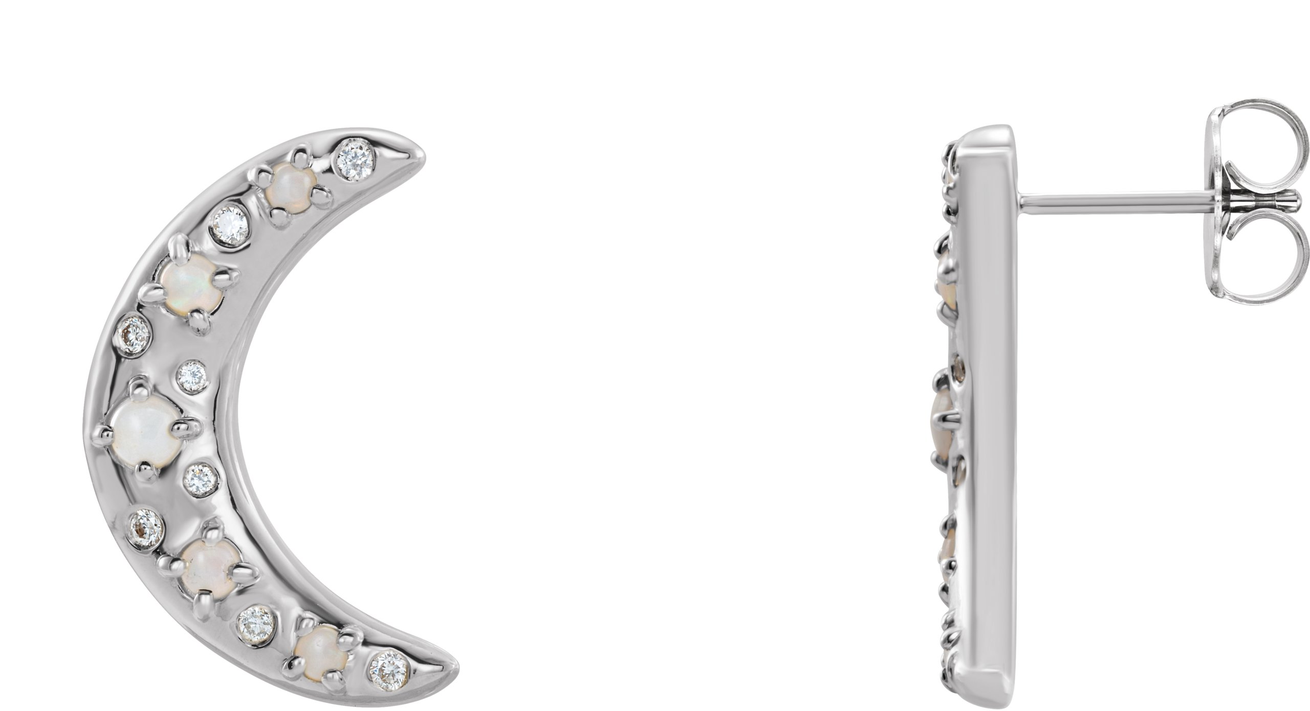 14K White Natural White Opal & 1/8 CTW Natural Diamond Crescent Moon Earrings