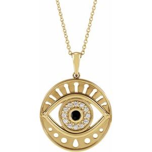 14K Yellow Natural Black Onyx & 1/6 CTW Natural Diamond Evil Eye 16-18" Necklace