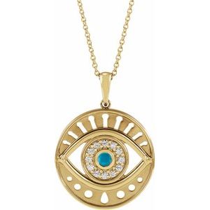 14K Yellow Natural Turquoise & 1/6 CTW Natural Diamond Evil Eye 16-18" Necklace
