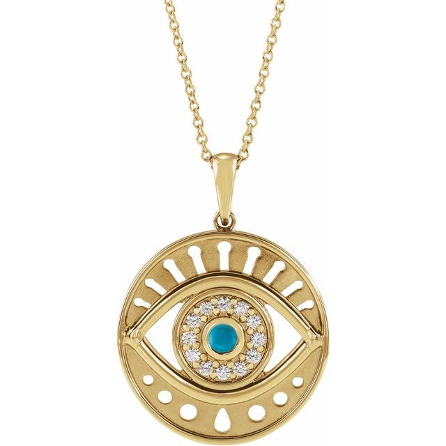14K Yellow Natural Turquoise & 1/6 CTW Natural Diamond Evil Eye 16-18 Necklace