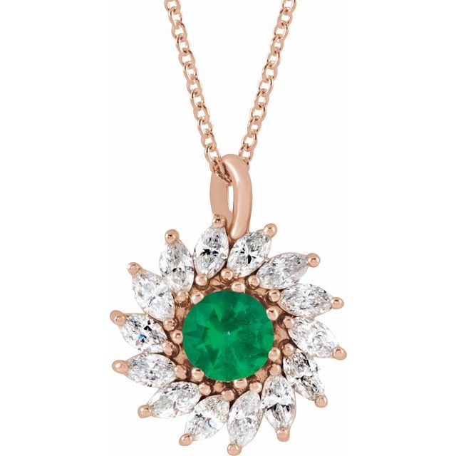 14K Rose Lab-Grown Emerald & 5/8 CTW Natural Diamond Halo-Style 16-18