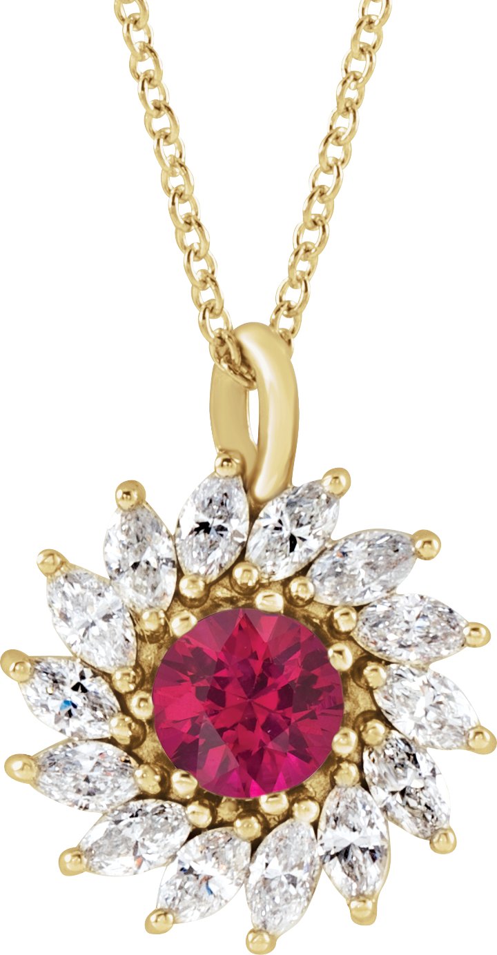 14K Yellow Lab-Grown Ruby & 5/8 CTW Natural Diamond Halo-Style 16-18" Necklace