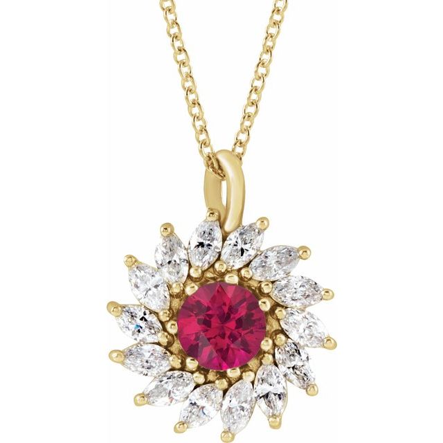 14K Yellow Lab-Grown Ruby & 5/8 CTW Natural Diamond Halo-Style 16-18 Necklace