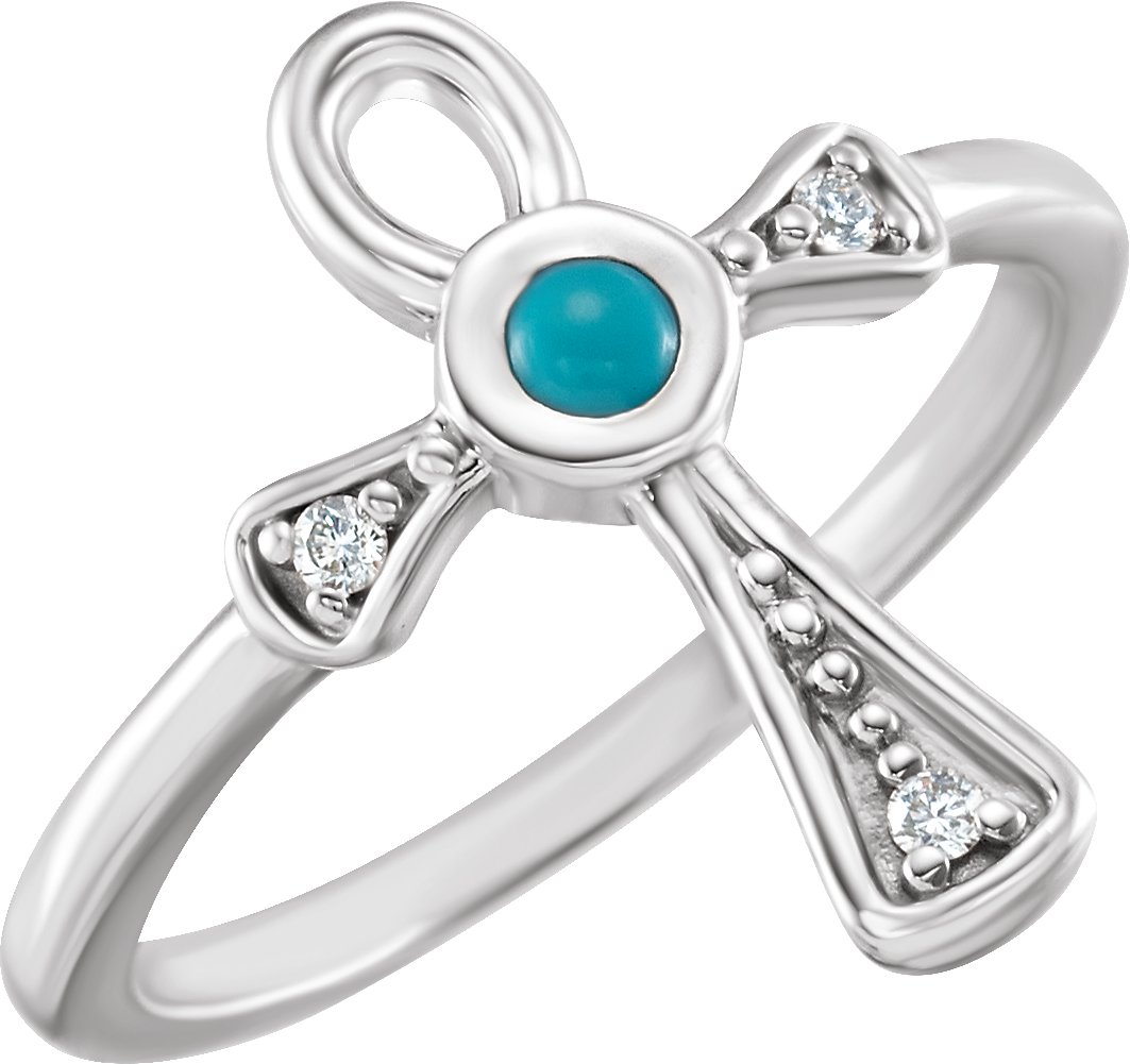 14K White Natural Turquoise & .05 CTW Natural Diamond Ankh Cross Ring