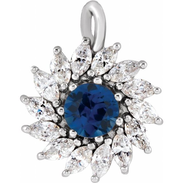 14K White Lab-Grown Blue Sapphire & 5/8 CTW Natural Diamond Halo-Style Pendant