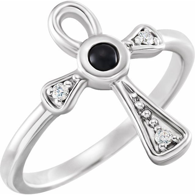 14K White Natural Black Onyx & .05 CTW Natural Diamond Ankh Cross Ring