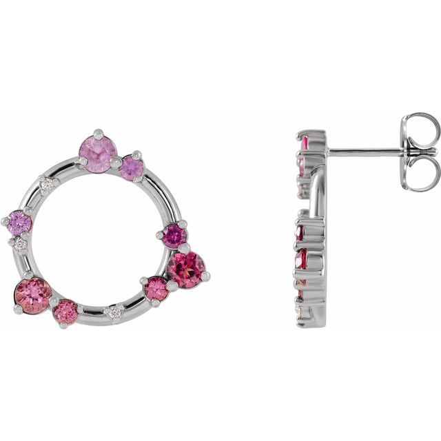 14K White Natural Pink Multi-Gemstone & .03 CTW Natural Diamond Circle Earrings