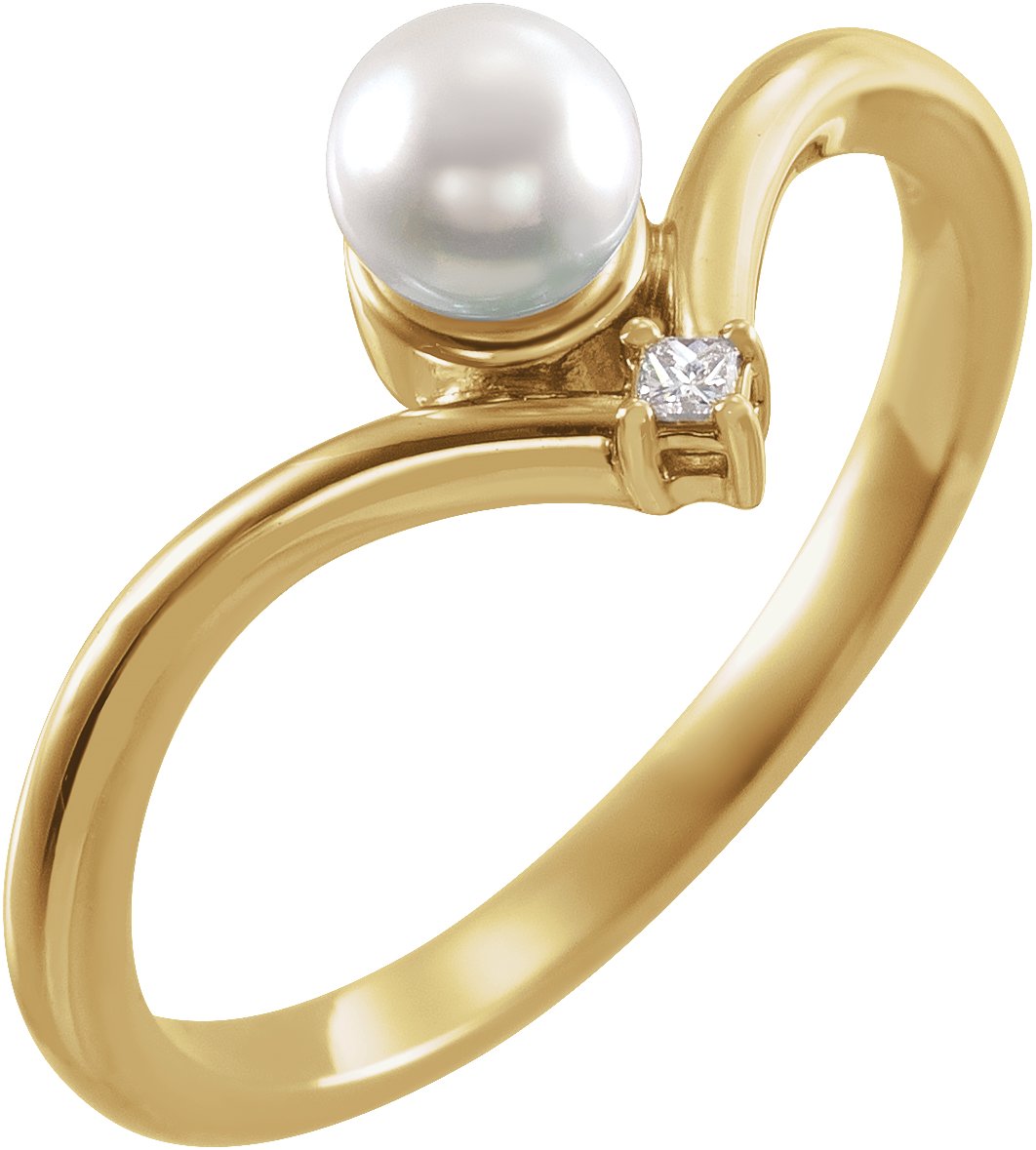 14K Yellow Cultured White Akoya Pearl & .025 CTW Natural Diamond Ring