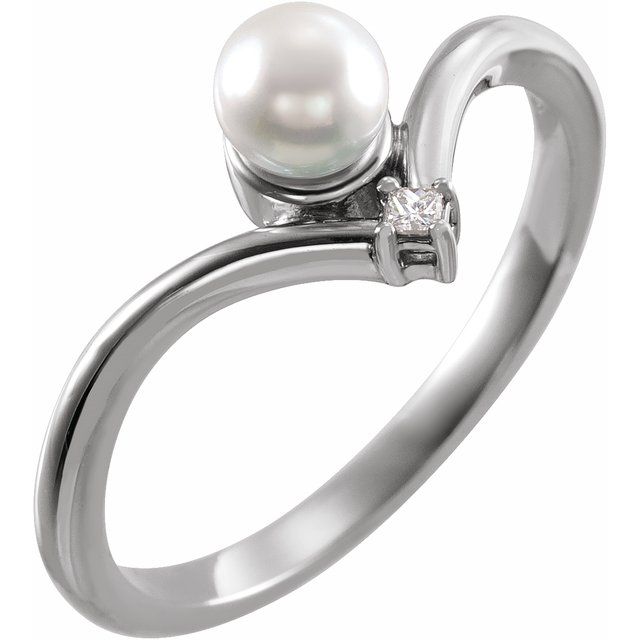 Sterling Silver Cultured White Akoya Pearl & .025 CTW Natural Diamond Ring