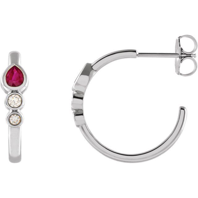 14K White Natural Ruby & 1/10 CTW Natural Diamond Bezel-Set Hoop Earrings