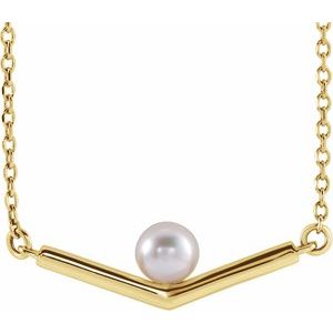 14K Yellow Cultured White Akoya Pearl V 18" Necklace