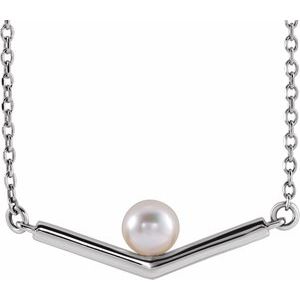 14K White Cultured White Akoya Pearl V 18" Necklace
