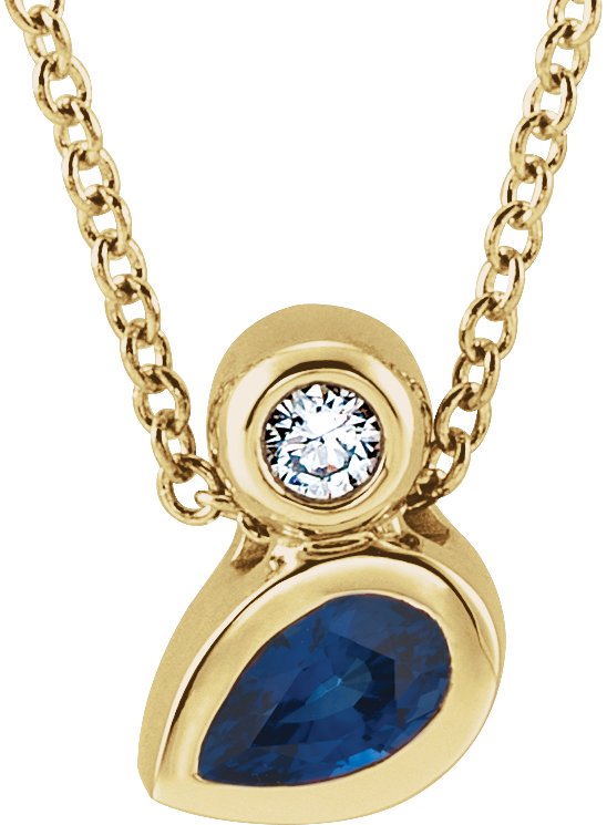 14K Yellow 5x3 mm Pear Natural Blue Sapphire & .03 CT Natural Diamond 16-18" Necklace