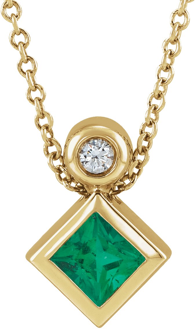 14K Yellow 4x4 mm Square Lab-Grown Emerald & .03 CT Natural Diamond 16-18" Necklace