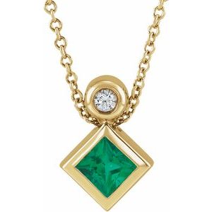 14K Yellow 4x4 mm Square Lab-Grown Emerald & .03 CT Natural Diamond 16-18" Necklace