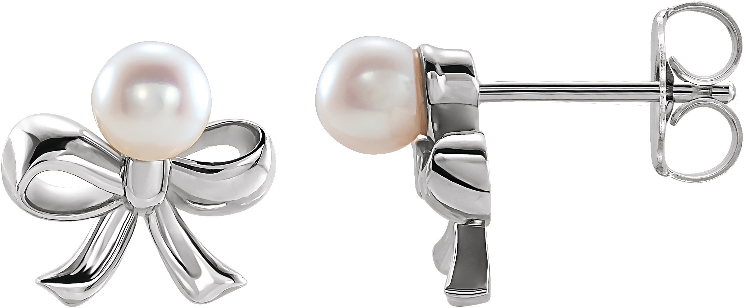 Sterling Silver Cultured White Akoya Pearl Bow Earrings