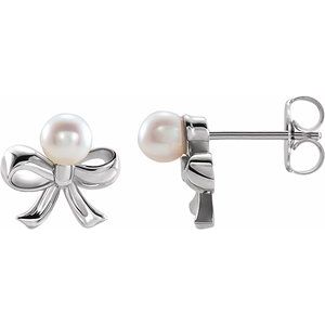 Sterling Silver Cultured White Akoya Pearl Bow Earrings