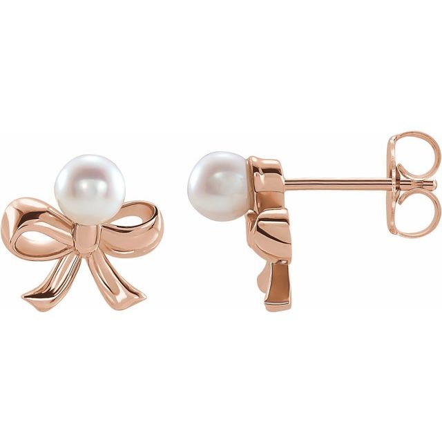 14K Rose Cultured White Akoya Pearl Bow Earrings