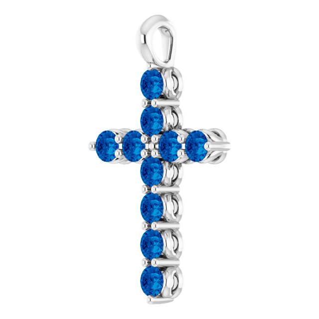 14K White Natural Blue Sapphire Cross Pendant