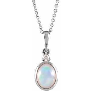 14K White 8x6 mm Natural White Ethiopian Opal & .03 CT Natural Diamond 16-18" Necklace