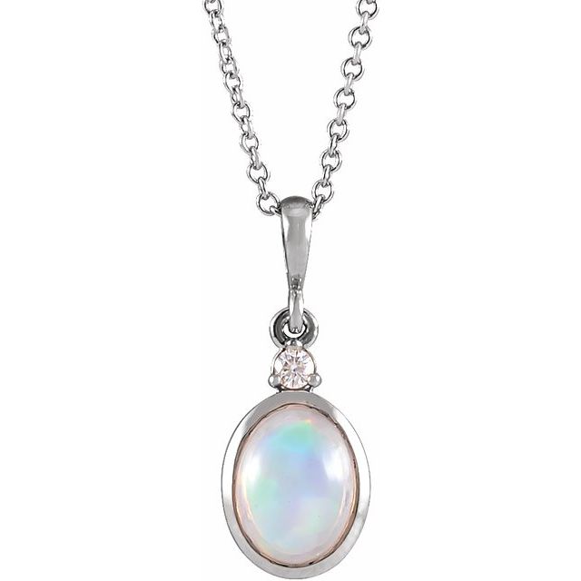 14K White 8x6 mm Natural White Ethiopian Opal & .03 CT Natural Diamond 16-18 Necklace