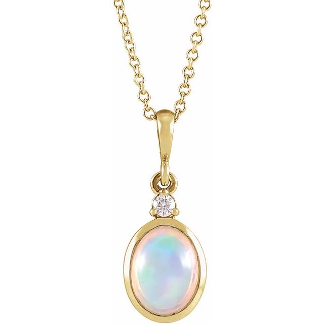 14K Yellow 6x4 mm Natural White Ethiopian Opal & .015 CT Natural Diamond 16-18 Necklace