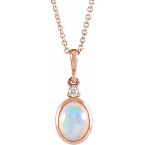 14K Rose 6x4 mm Natural White Ethiopian Opal & .015 CT Natural Diamond 16-18" Necklace