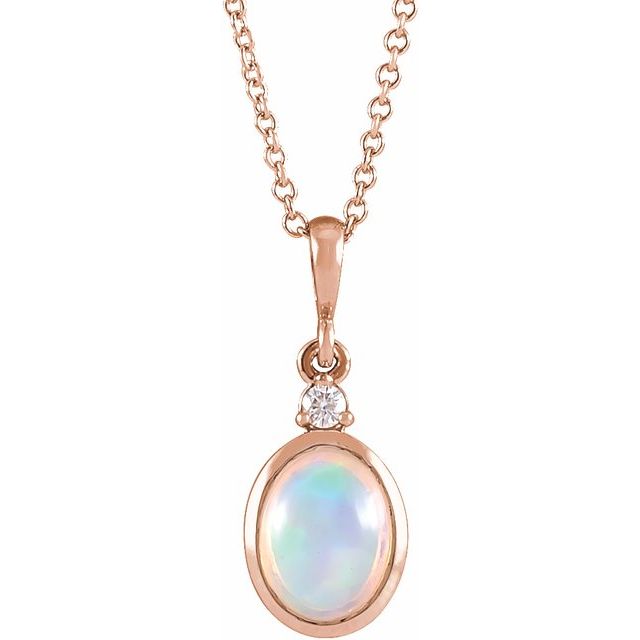 14K Rose 8x6 mm Natural White Ethiopian Opal & .03 CT Natural Diamond 16-18 Necklace