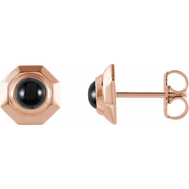 14K Rose Natural Black Onyx Geometric Cabochon Earrings