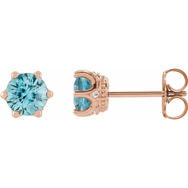 14K Rose 5 mm Natural Blue Zircon & .03 CTW Natural Diamond Crown Earrings