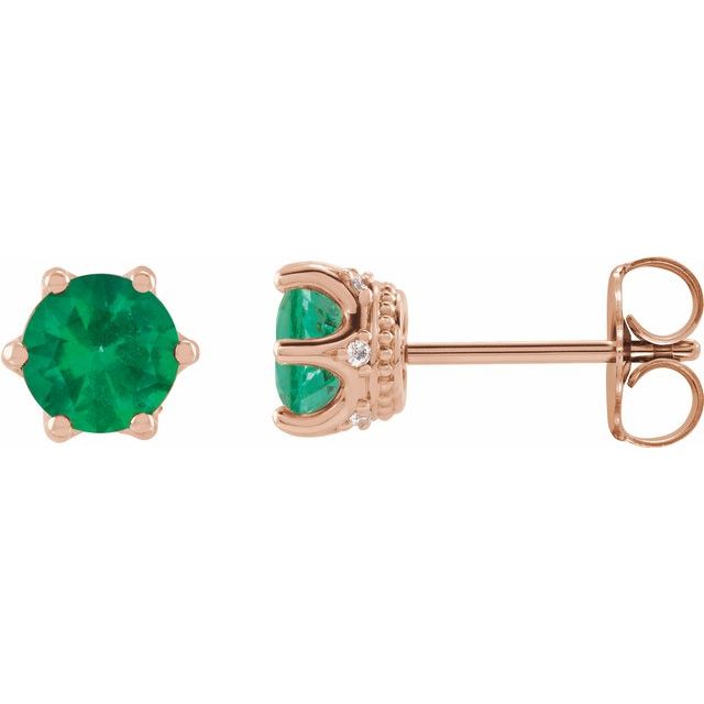 14K Rose 6 mm Lab-Grown Emerald & .03 CTW Natural Diamond Crown Earrings