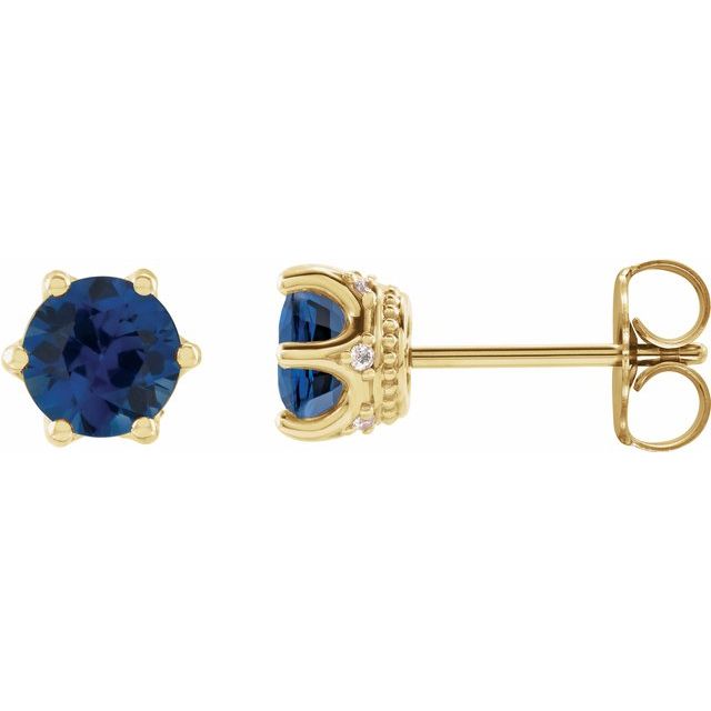 14K Yellow 4 mm Natural Blue Sapphire & .03 CTW Natural Diamond Crown Earrings