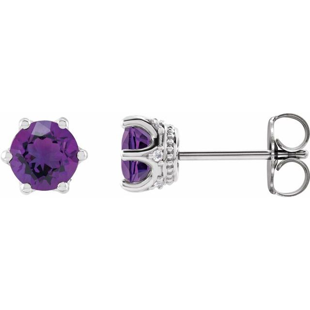 Sterling Silver 6 mm Natural Amethyst & .03 CTW Natural Diamond Crown Earrings