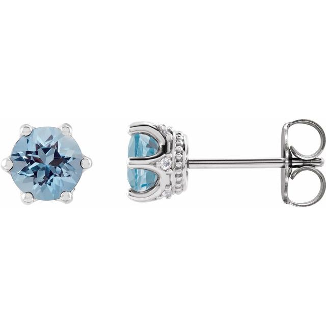 14K White 4 mm Natural Aquamarine & .03 CTW Natural Diamond Crown Earrings