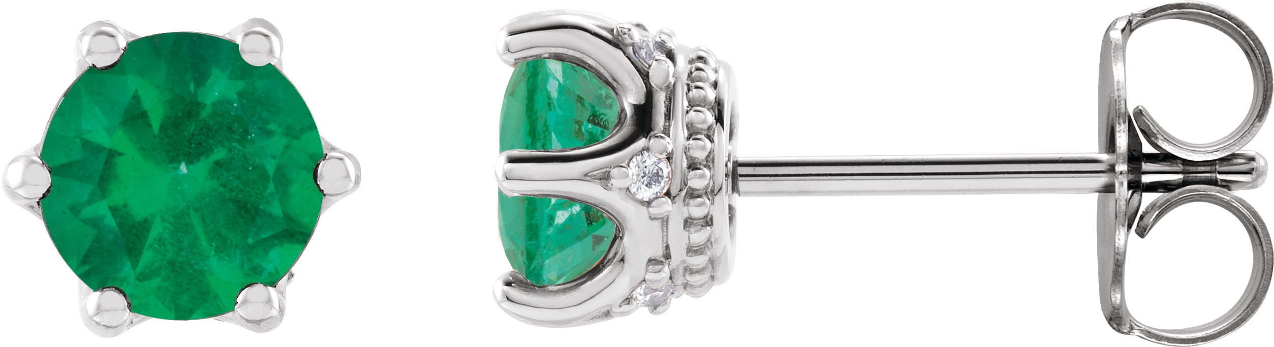 14K White 4 mm Lab-Grown Emerald & .03 CTW Natural Diamond Crown Earrings