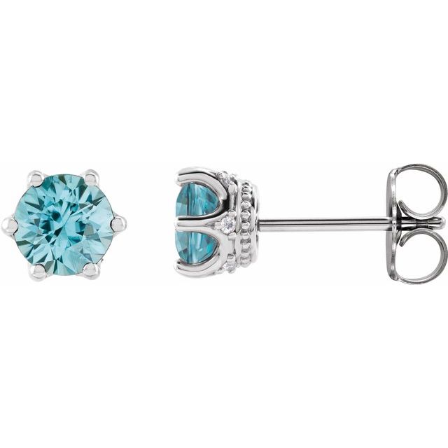 Sterling Silver 4 mm Natural Blue Zircon & .03 CTW Natural Diamond Crown Earrings