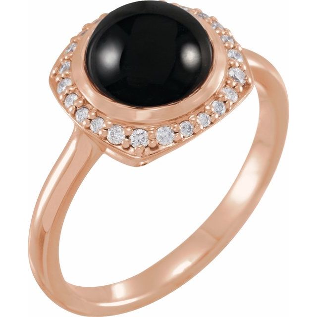 14K Rose Natural Black Onyx & 1/8 CTW Natural Diamond Halo-Style Ring