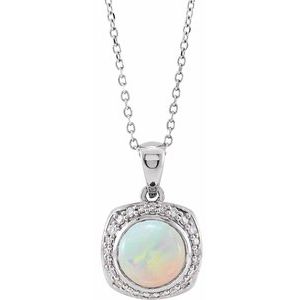 14K White Natural White Ethiopian Opal & 1/8 CTW Natural Diamond Halo-Style 16-18" Necklace