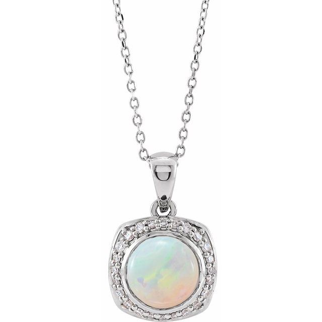 14K White Natural White Ethiopian Opal & 1/8 CTW Natural Diamond Halo-Style 16-18 Necklace