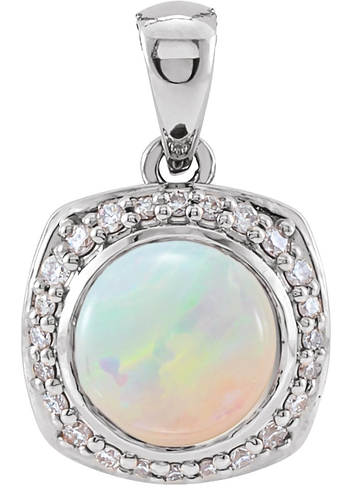 14K White Natural White Ethiopian Opal & 1/8 CTW Natural Diamond Halo-Style Pendant