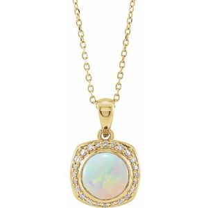 14K Yellow Natural White Ethiopian Opal & 1/8 CTW Natural Diamond Halo-Style 16-18" Necklace