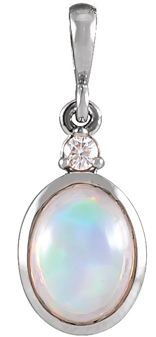 Sterling Silver 6x4 mm Natural White Ethiopian Opal & .015 CT Natural Diamond Pendant