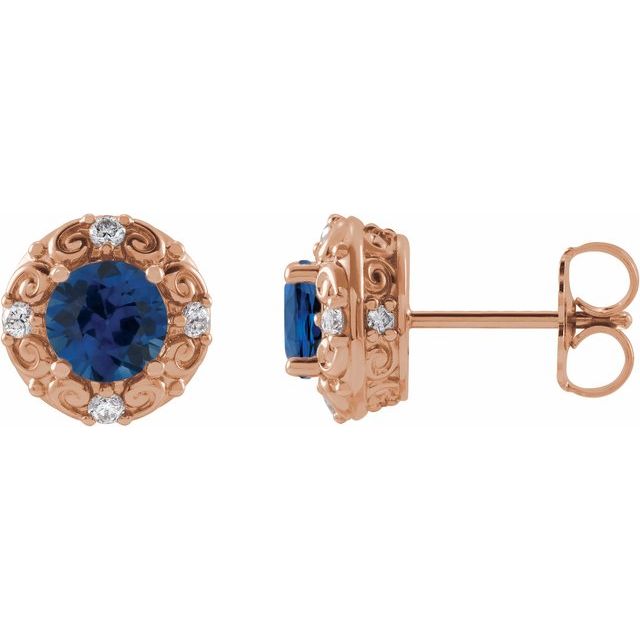 14K Rose 5 mm Natural Blue Sapphire & 1/6 CTW Natural Diamond Halo-Style Earrings