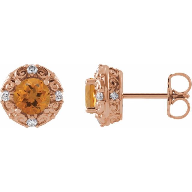 14K Rose 5 mm Natural Citrine & 1/6 CTW Natural Diamond Halo-Style Earrings