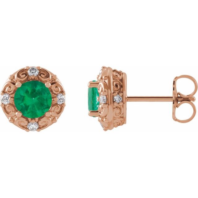 14K Rose 6 mm Natural Emerald & 1/4 CTW Natural Diamond Halo-Style Earrings