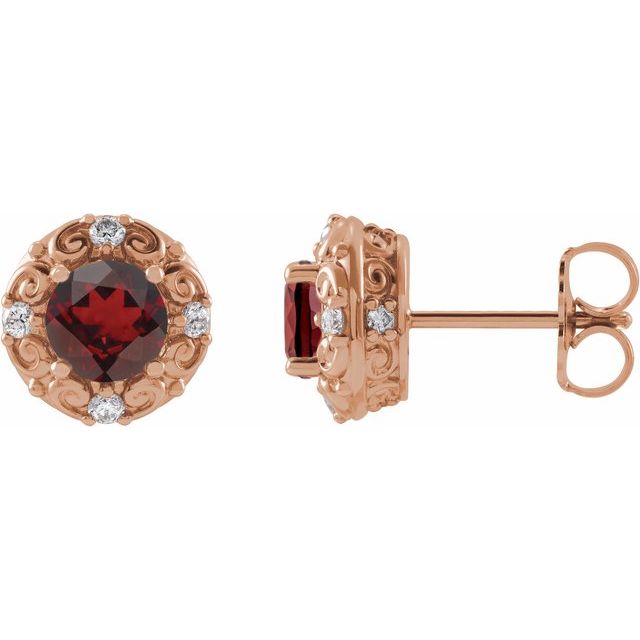 14K Rose 6 mm Natural Mozambique Garnet & 1/4 CTW Natural Diamond Halo-Style Earrings