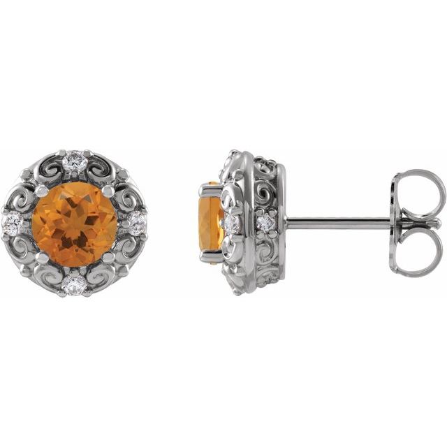 14K White 5 mm Natural Citrine & 1/6 CTW Natural Diamond Halo-Style Earrings